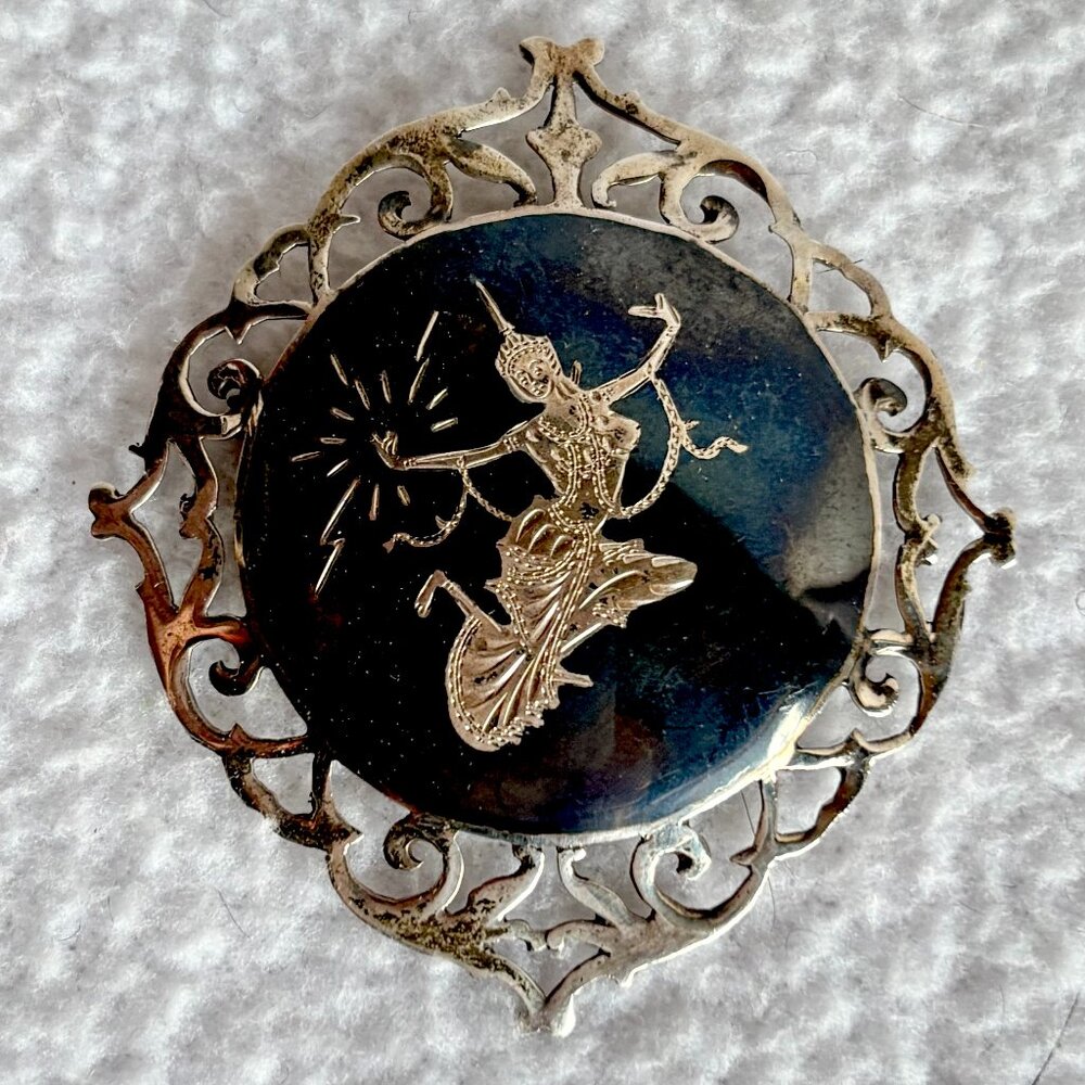 Vintage Siam Sterling Silver Niello Hindu Goddess Enamel Brooch Pin